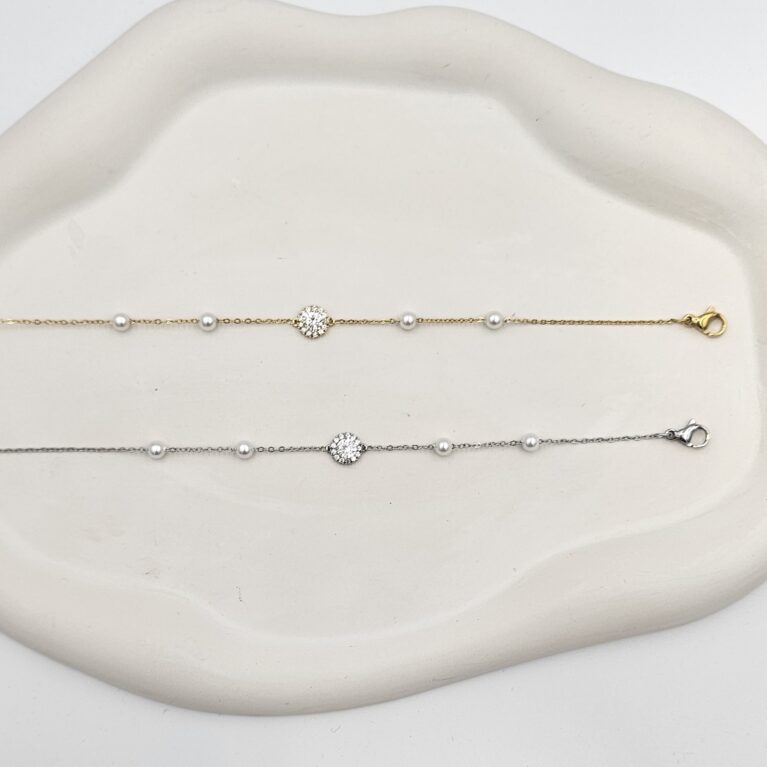 Bραχιόλι με ζιργκόν και πέρλες ανοξείδωτο ατσάλι επιπλατινωμένο και επιχρυσωμένο v108