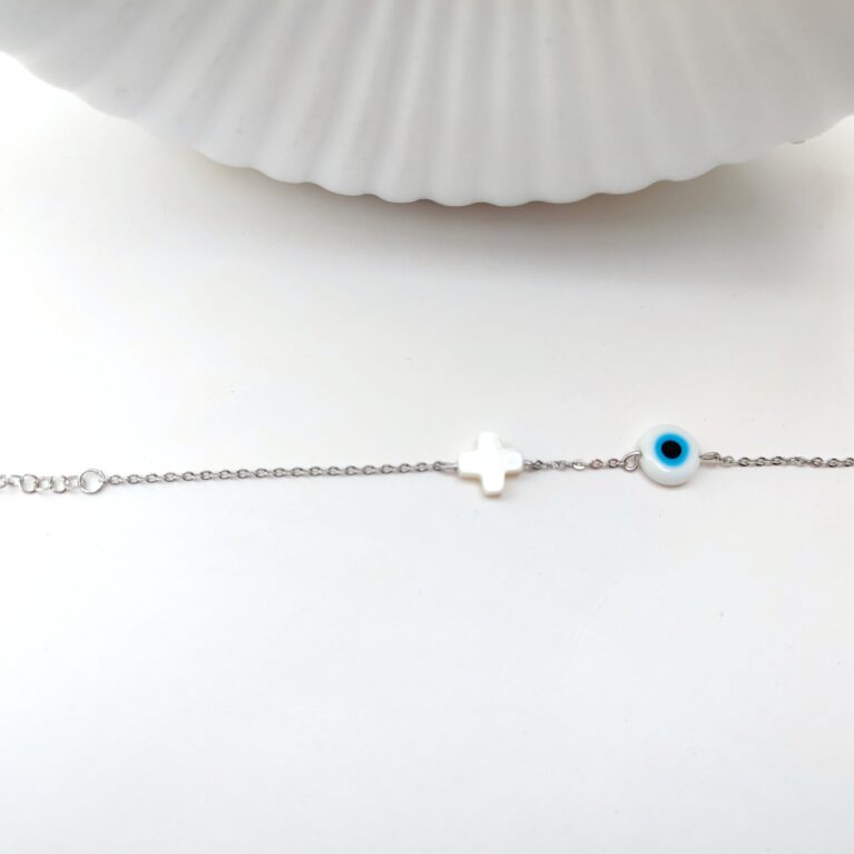 Βραχιόλι ανοξείδωτο ατσάλι με σταυρό και ματάκι επιπλατινωμένο και επιχρυσωμένο v21