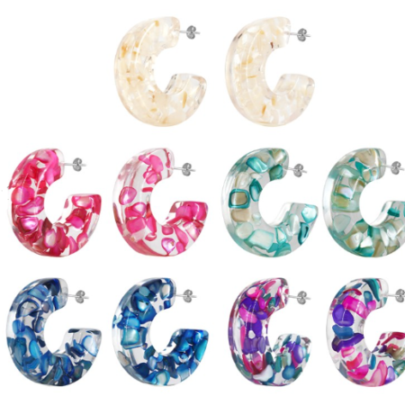 Σκουλαρίκι ρητίνης κρίκος με τσιπς κοχυλιού 32x36mm sk12