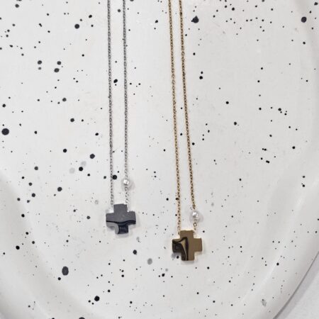 Κολιέ μικρός σταυρός με πέρλα ανοξείδωτο ατσάλι επιπλατινωμένο και επιχρυσωμένο k64