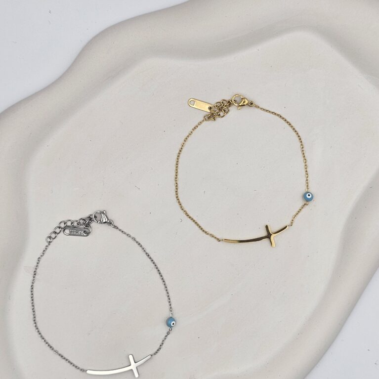 Βραχιόλι σταυρός με γαλάζιο μάτι ανοξείδωτο ατσάλι επιχρυσωμένο και επιπλατινωμένο v57