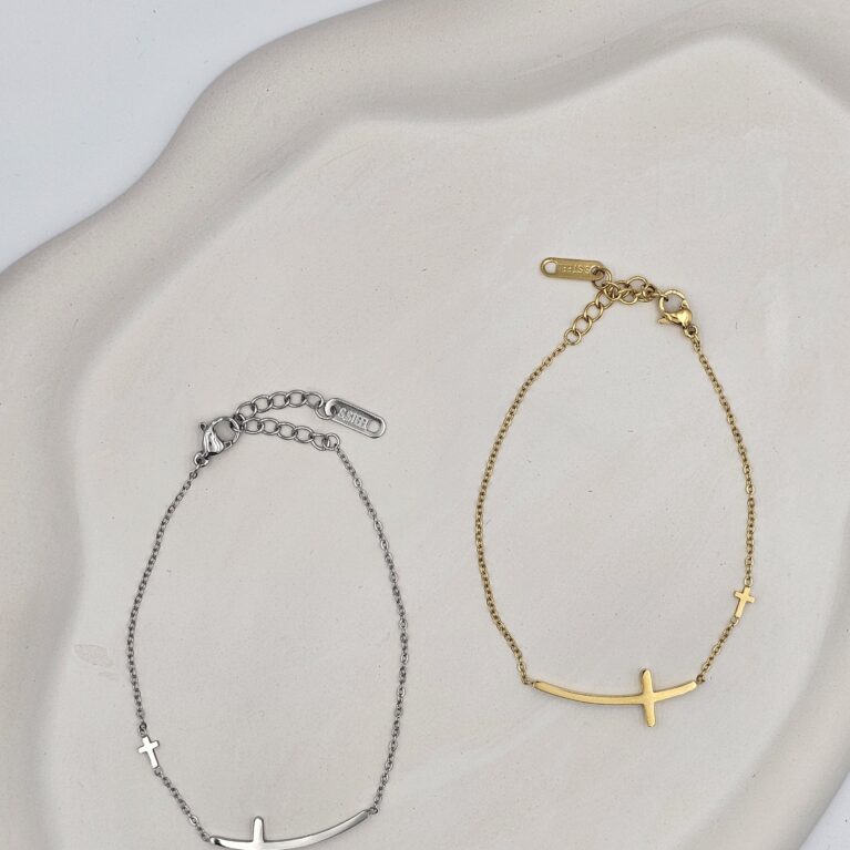 Βραχιόλι σταυρός με σταυρουδάκι ανοξείδωτο ατσάλι επιχρυσωμένο και επιπλατινωμένο v58