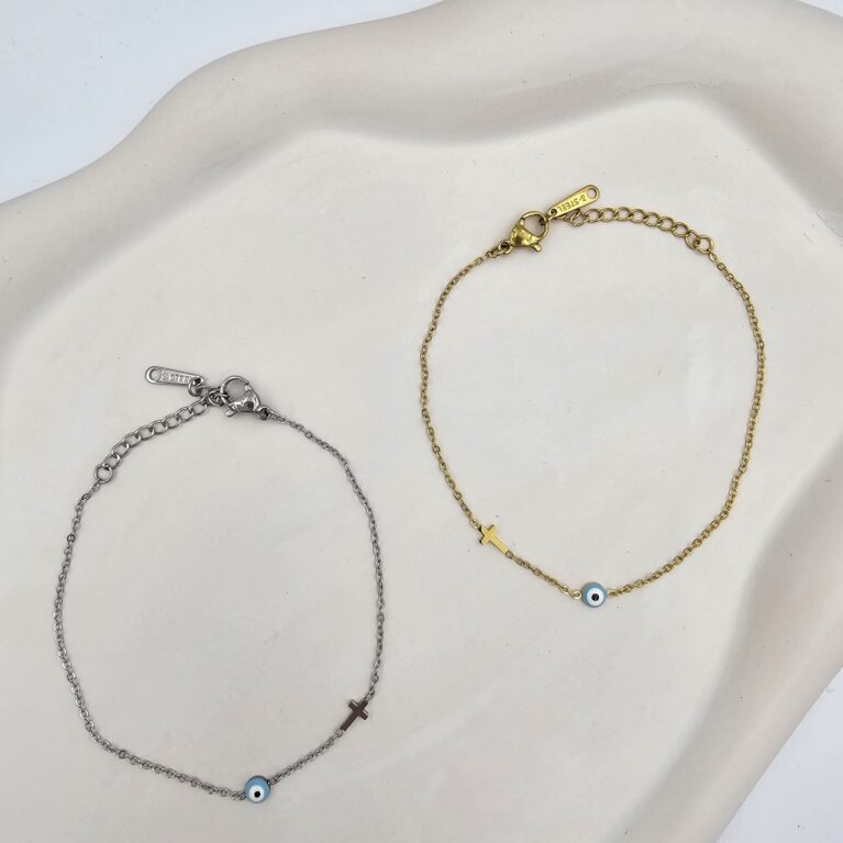 Βραχιόλι σταυρουδάκι με ματάκι ανοξείδωτο ατσάλι επιχρυσωμένο και επιπλατινωμένο v59