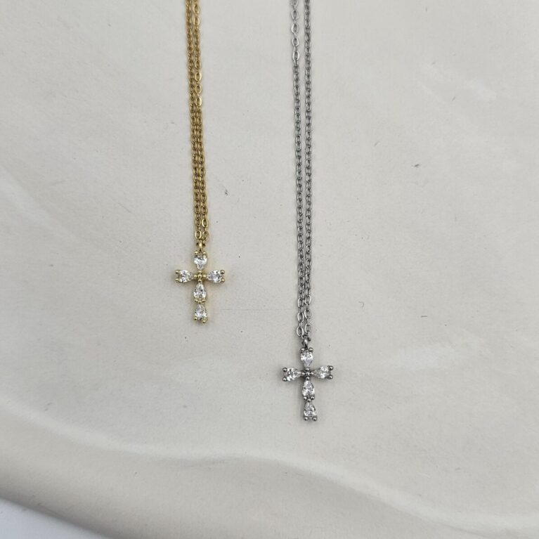 Κολιέ σταυρός με ζιργκόν ανοξείδωτο ατσάλι επιχρυσωμένο και επιπλατινωμένο k136