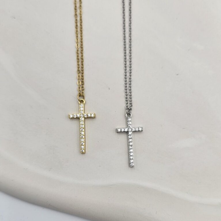 Κολιέ σταυρός με ζιργκόν ανοξείδωτο ατσάλι επιχρυσωμένο και επιπλατινωμένο k138