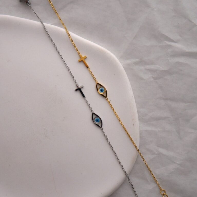 Βραχιόλι σταυρός με μάτι ανοξείδωτο ατσάλι επιχρυσωμένο και επιπλατινωμένο v63