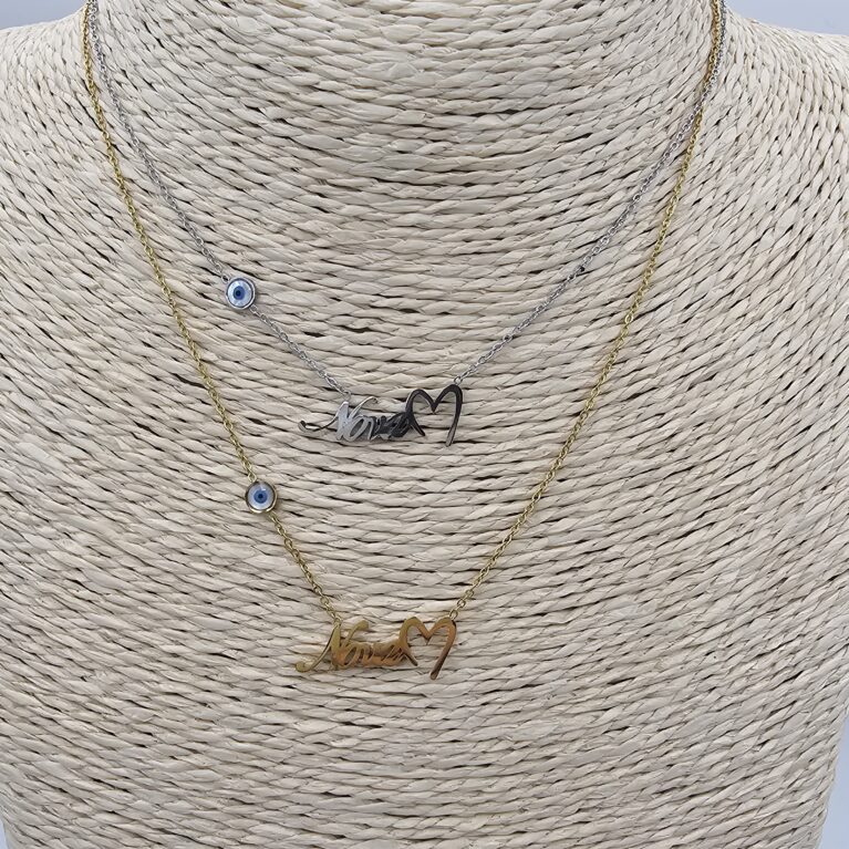 Κολιέ ανοξείδωτο ατσάλι “Νονά” καρδιά και μάτι επιπλατινωμένο και επιχρυσωμένο k79