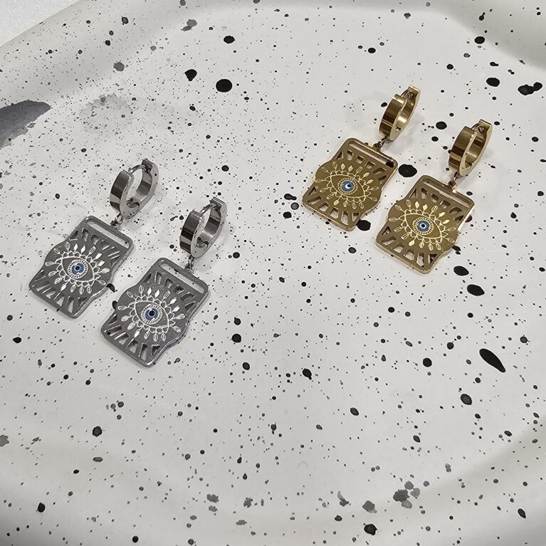 Σκουλαρίκι oρθγώνιο με μάτι ανοξείδωτο ατσάλι 3.7εκ επιπλατινωμένο και επιχρυσωμένο sk91