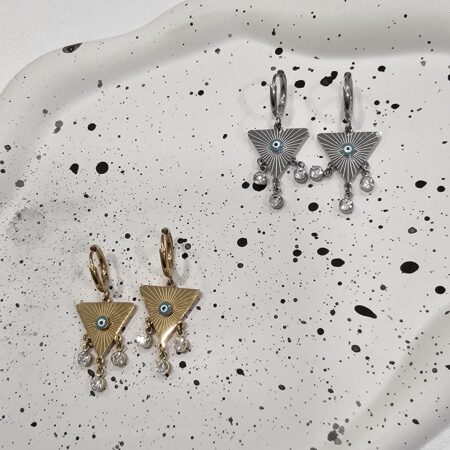 Σκουλαρίκι τρίγωνο με μάτι και στρας ανοξείδωτο ατσάλι 4εκ επιπλατινωμένο και επιχρυσωμένο sk06