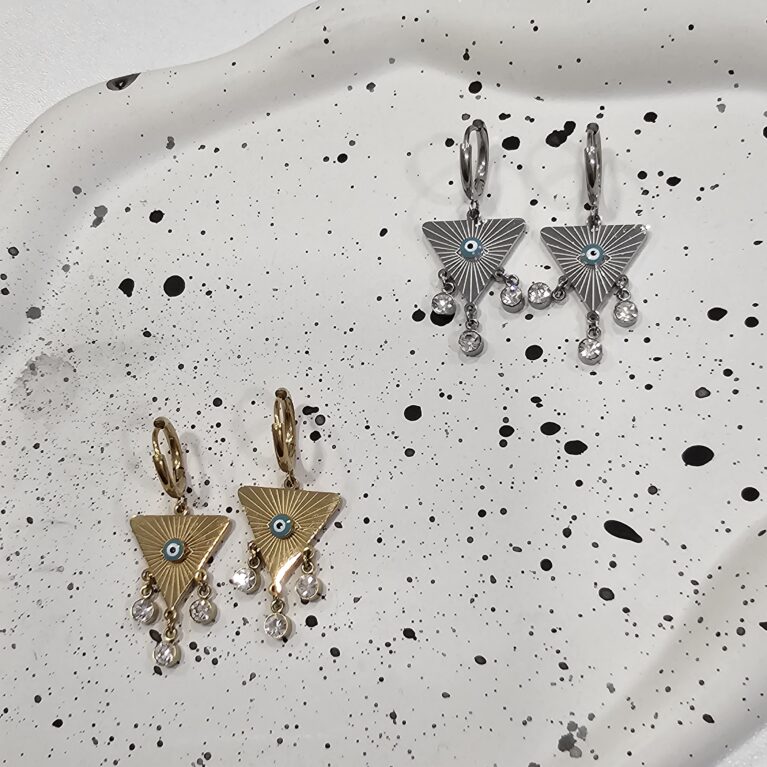 Σκουλαρίκι τρίγωνο με μάτι και στρας ανοξείδωτο ατσάλι 4εκ επιπλατινωμένο και επιχρυσωμένο sk06