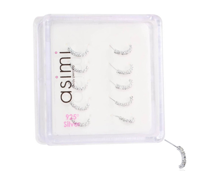 Ασημένιος μισός κρίκος μύτης με λευκές πέτρες m02