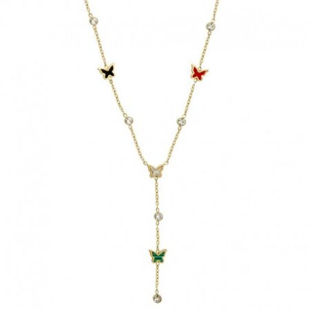 Κολιέ γραβάτα με πεταλούδες και στρας ανοξείδωτο ατσάλι επιχρυσωμένο k134